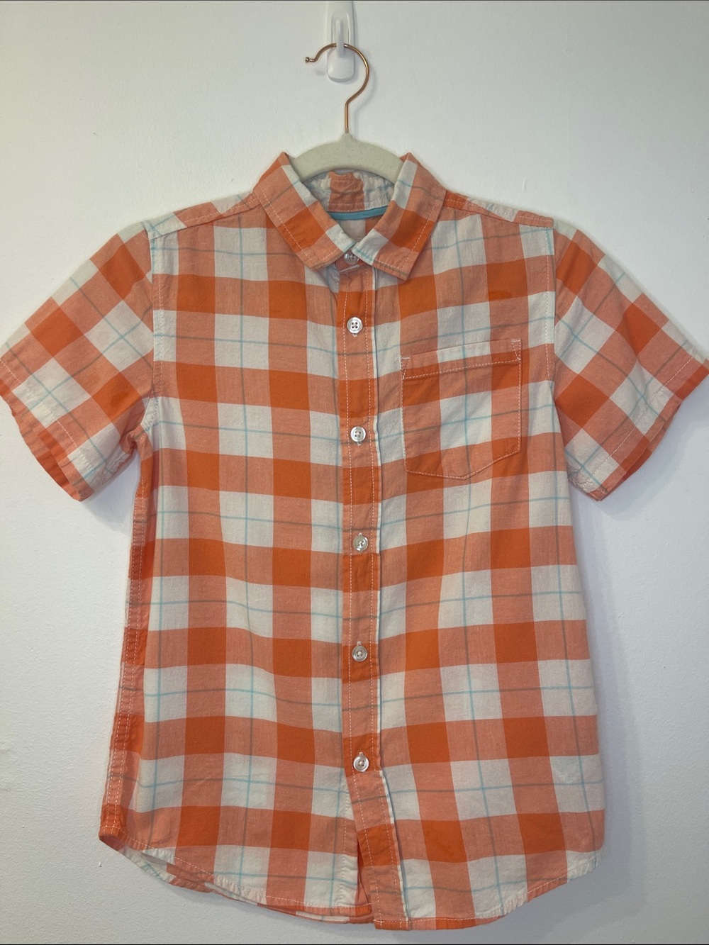Cat & Jack Orange and White/Blue Plaid Button-Down Shirt Size M (8/10)